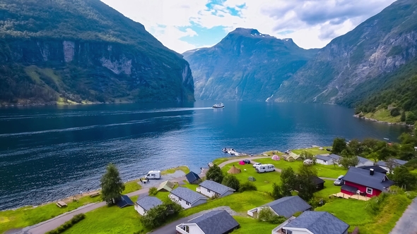 Geiranger Fjord, Beautiful Nature Norway. Aerial View of the Campsite To Relax. alt
