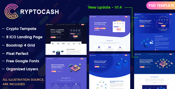 Cryptocash - ICO & Cryptocurrency Landing Page PSD Template - Technology PSD Templates