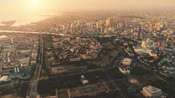 Slow Motion Sunset of Port Town at Sea Bay Aerial alt