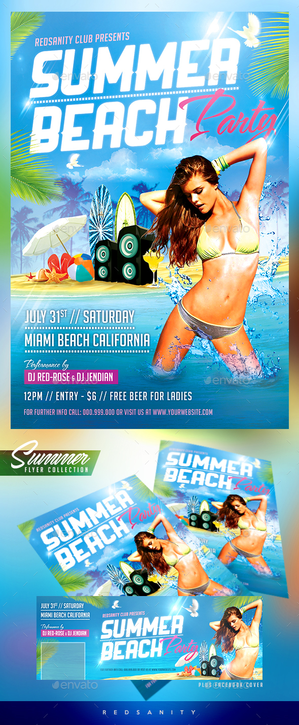 Summer Beach Party Flyer Plus FB Cover - Clubs & Parties Events