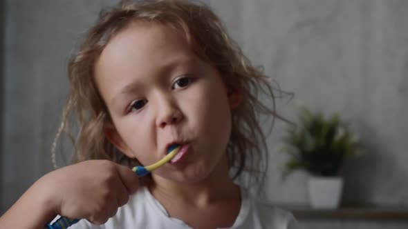 Portrait of Little Girl is Intensively Brushing Her Teeth in Bathroom alt