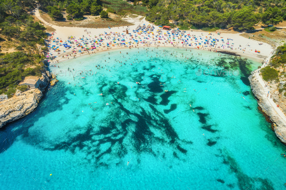 Aerial view of sea with azure water and sandy beach - Stock Photo - Images