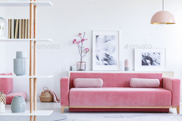 Real photo of a pink couch with pillows in front of a shelf with - Stock Photo - Images