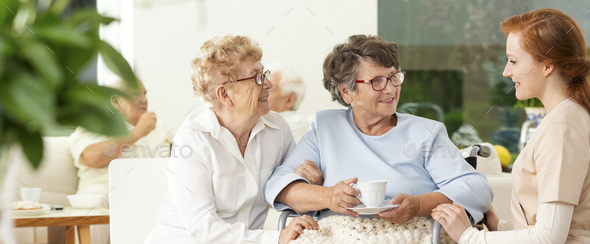 An old friend visiting an elderly woman in a wheelchair in a lux - Stock Photo - Images
