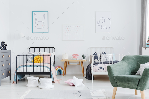 Bright scandinavian style bedroom interior with two metal frame - Stock Photo - Images