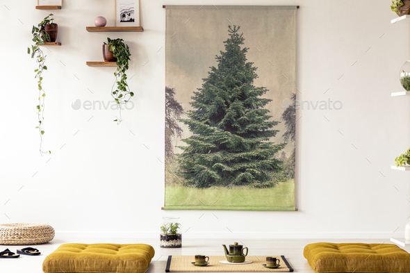 Real photo of a japanese style living room interior with tree gr - Stock Photo - Images