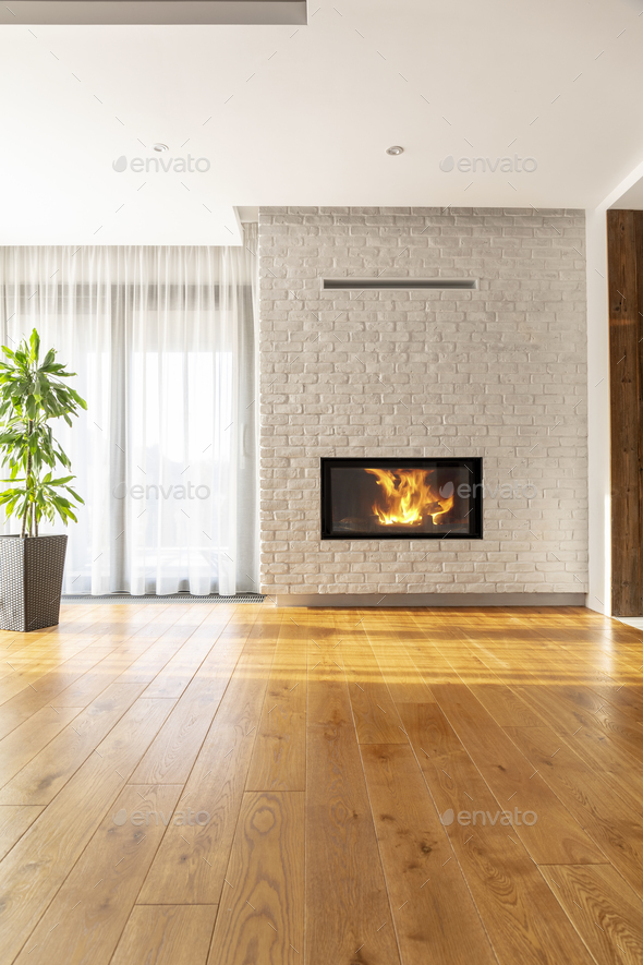 Real photo of a simple, natural living room interior with a tall - Stock Photo - Images