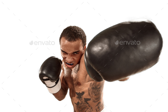 Sporty man during boxing exercise. Photo of boxer on white background - Stock Photo - Images