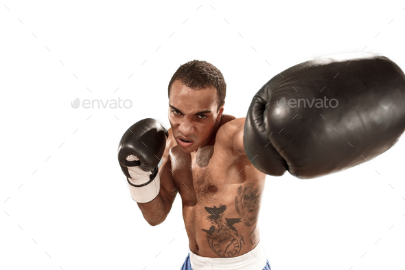 Sporty man during boxing exercise. Photo of boxer on white background - Stock Photo - Images