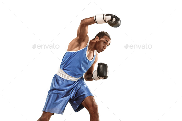 Sporty man during boxing exercise. Photo of boxer on white background - Stock Photo - Images