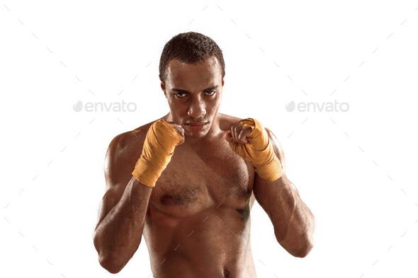 Sporty man during boxing exercise. Photo of boxer on white background - Stock Photo - Images
