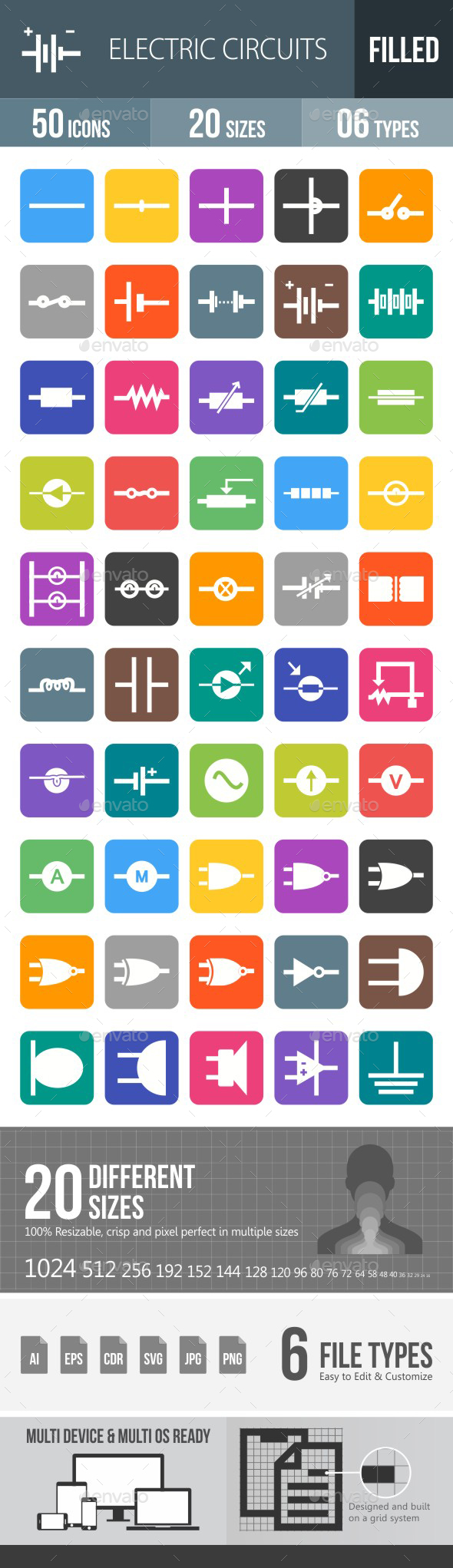 Electric Circuits Flat Round Corner Icons - Icons