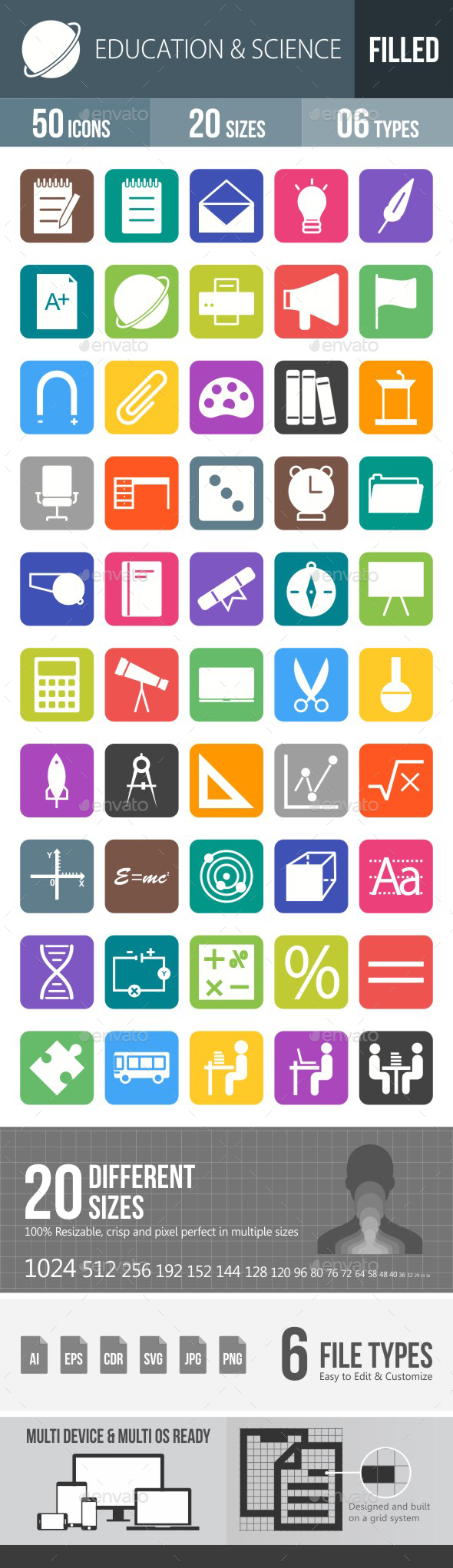 Education & Science Flat Round Corner Icons - Icons
