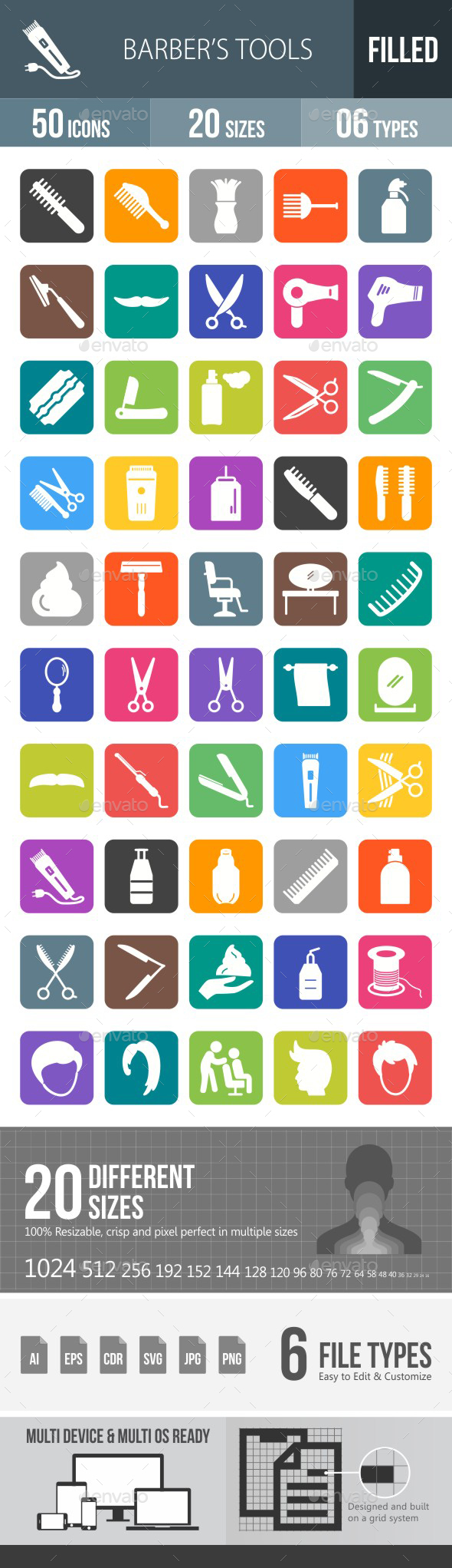 Barber's Tools Flat Round Corner Icons - Icons