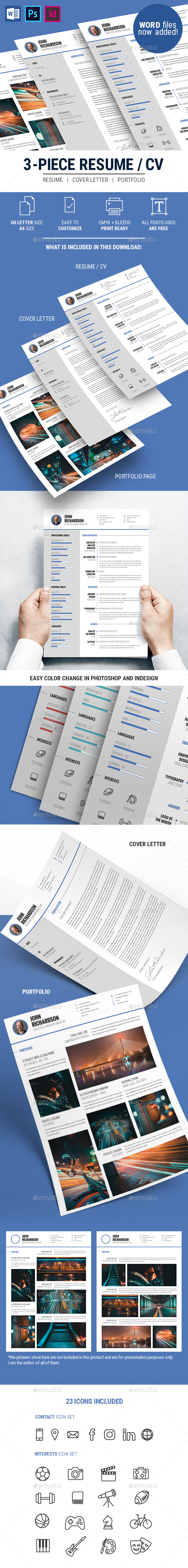 Clean Modern 3-Piece CV Resume - Resumes Stationery