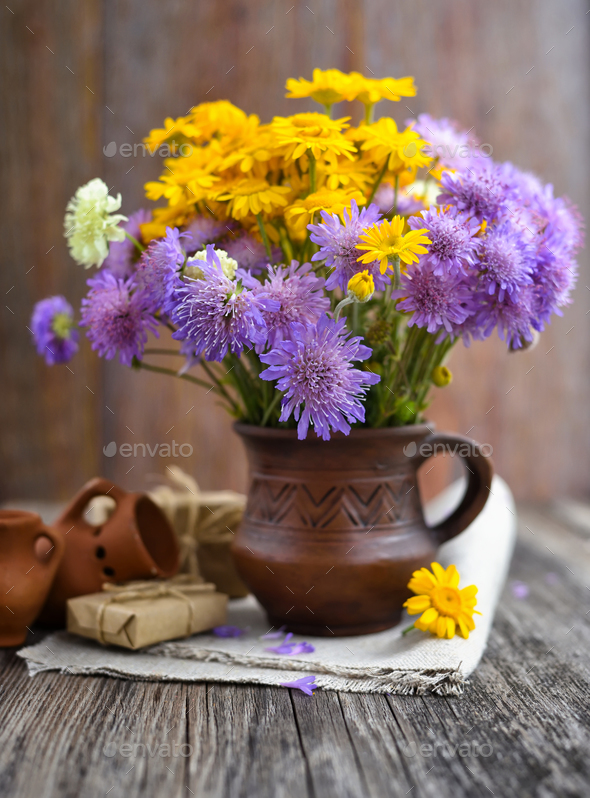 Bouquet of wildflowers (Anthemis tinctoria and Knautia arvensis) - Stock Photo - Images