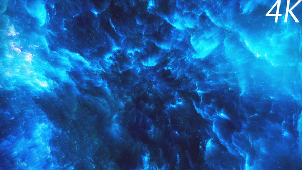 Flying Through Abstract Blue Colorful Nebula Tunnel in Boundless Space