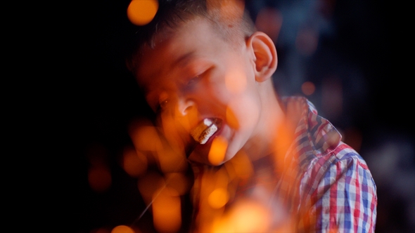 Cute Boy Eats Marshmellow Near the Wood Fire on Picnic alt