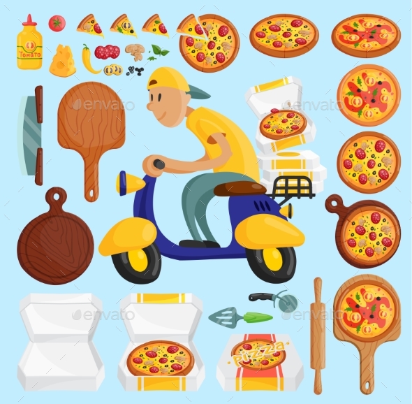 Pizza Delivery Boy Italian Pizzeria Cartoon - Food Objects