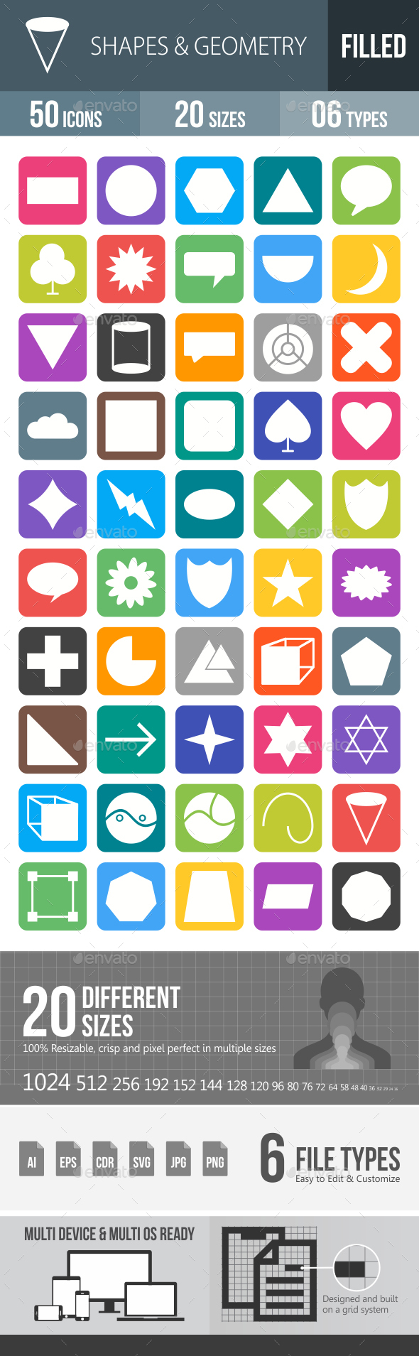 50 Shapes & Geometry Filled Round Corner Icons - Icons
