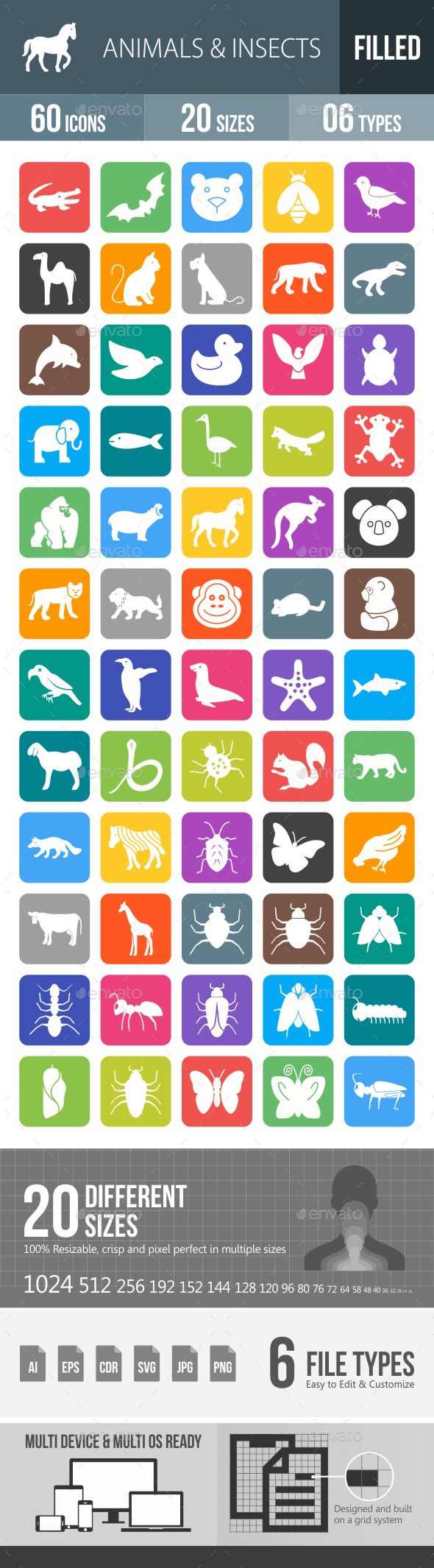 60 Animals & Insects Filled Round Corner Icons - Icons