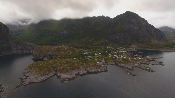 Aerial View of Fishing Village A in Lofoten Islands at Midnight Sun, Norway alt