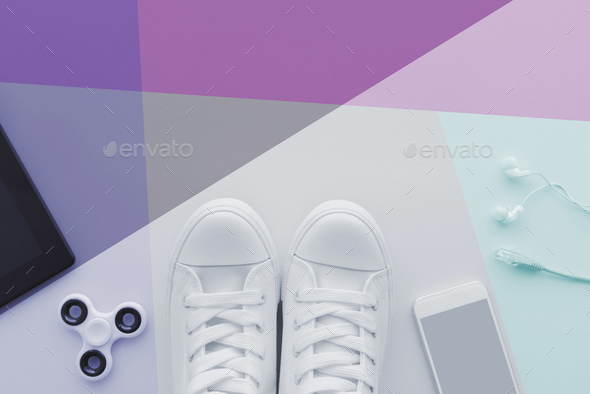 Teen generation gadgets flat lay top view with copy space - Stock Photo - Images