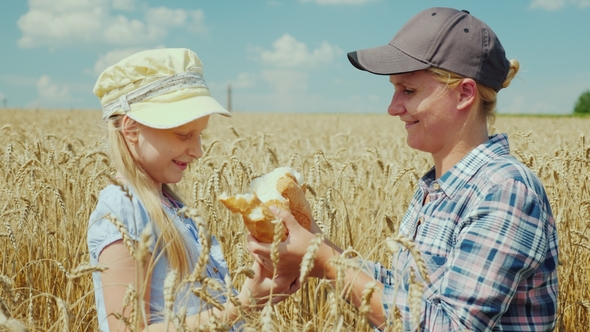 A Woman Farmer and a Girl Break a Loaf of Bread on a Wheat Field alt