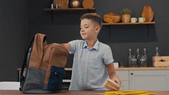 Happy Pupil Puts in a Backpack Textbooks, Exercise Books, Lunch. Back To School