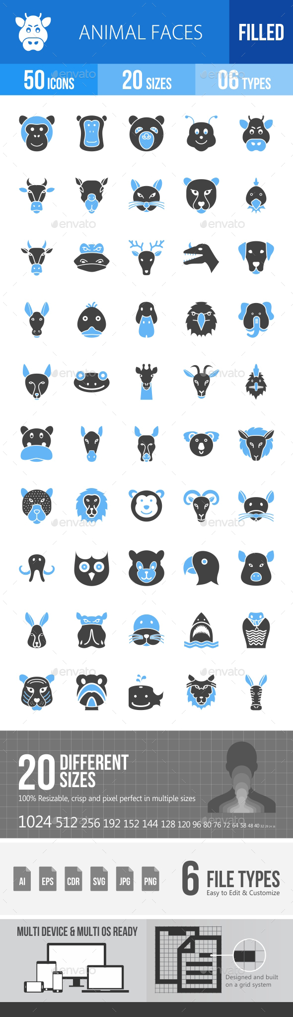 Animal Faces Blue & Black Icons - Icons