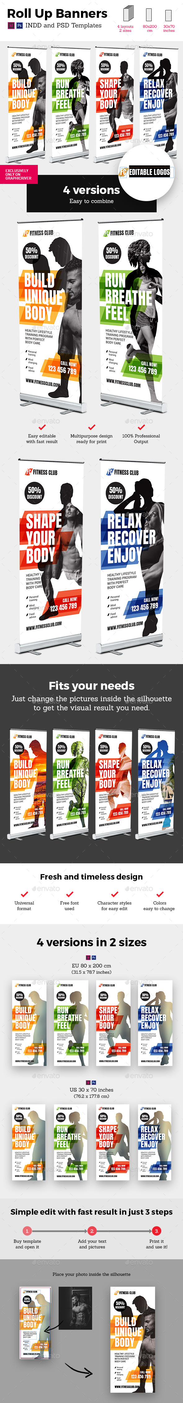 Fitness Rollup Stand Banner Display 4x Indesign and Photoshop Template - Signage Print Templates