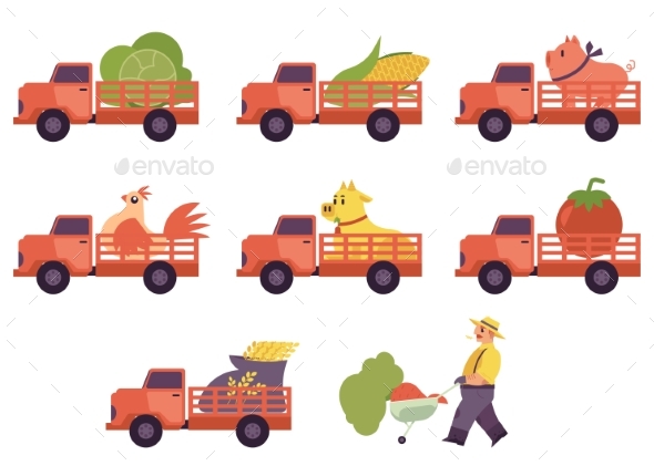 Flat Farmer Truck Pickup Delivering Livestock - Food Objects
