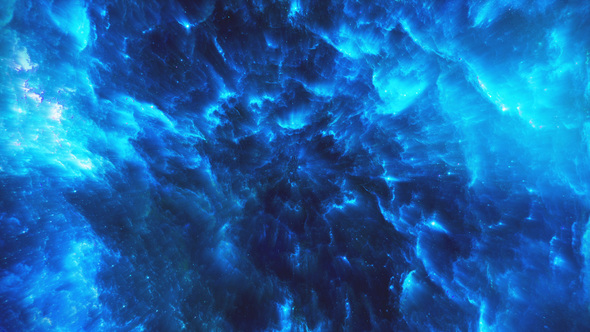 Flying Through Abstract Blue Colorful Nebula Tunnel in Boundless Space