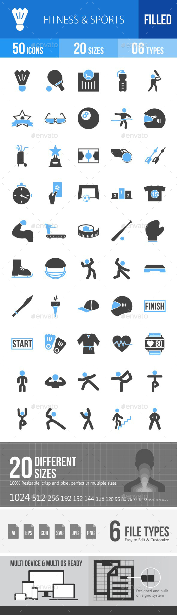 Fitness & Sports Blue & Black Icons - Icons