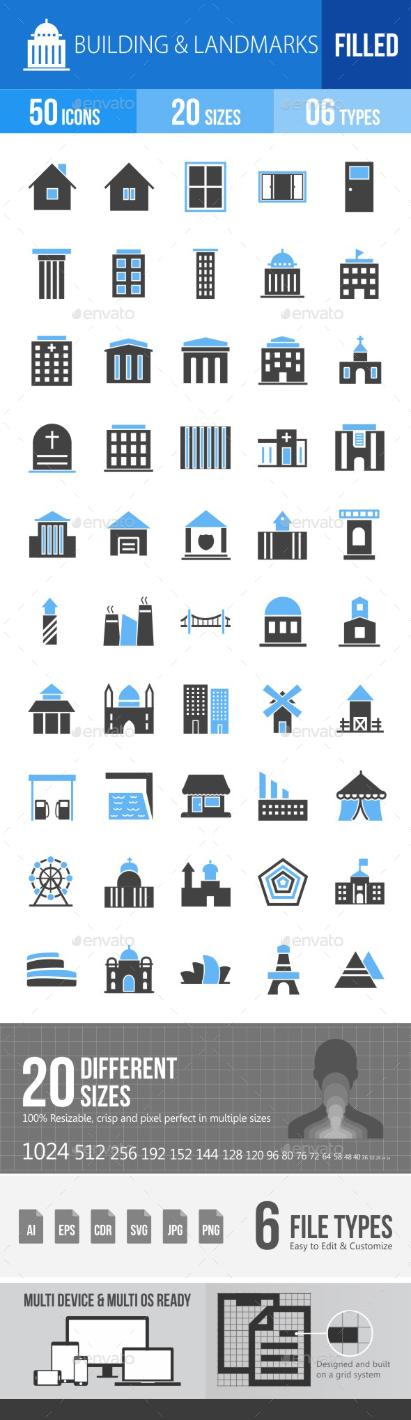 Buildings & Landmarks Blue & Black Icons - Icons