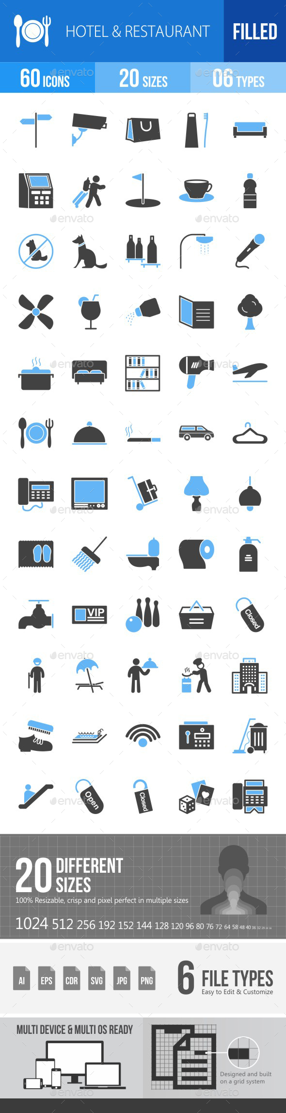 Hotel & Restaurant Blue & Black Icons - Icons