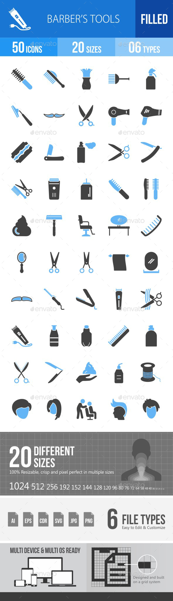 Barber's Tools Blue & Black Icons - Icons