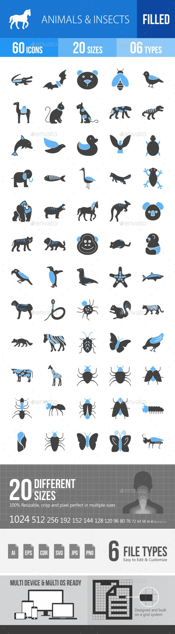 60 Animals & Insects Filled Blue & Black Icons - Icons