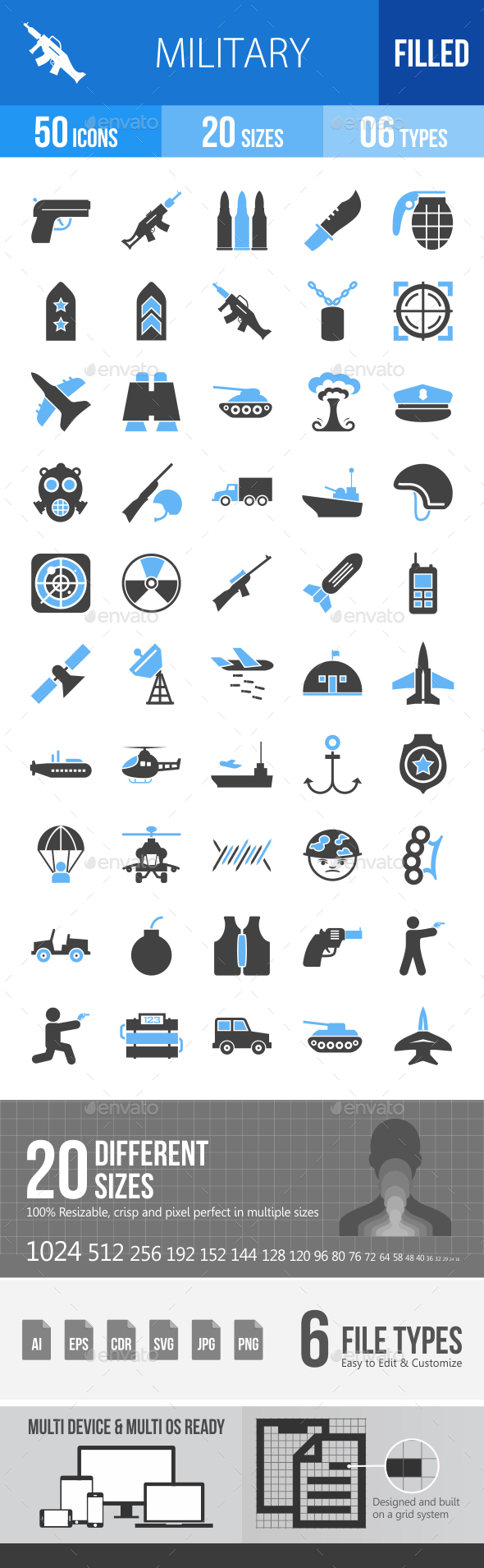 50 Military Filled Blue & Black Icons - Icons