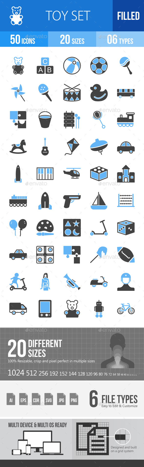 50 Toy Set Filled Blue & Black Icons - Icons