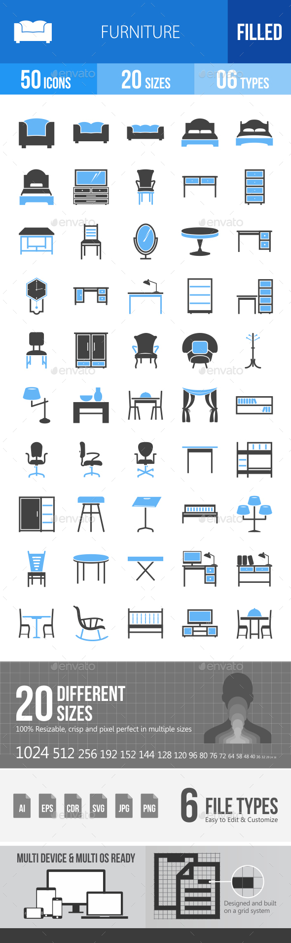 50 Furniture Filled Blue & Black Icons - Icons