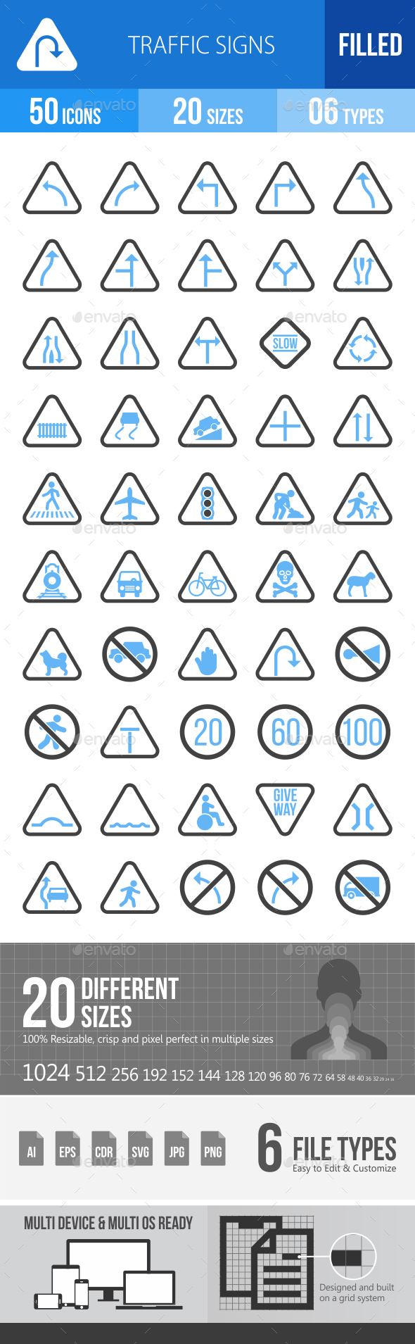 50 Traffic Signs Filled Blue & Black Icons - Icons