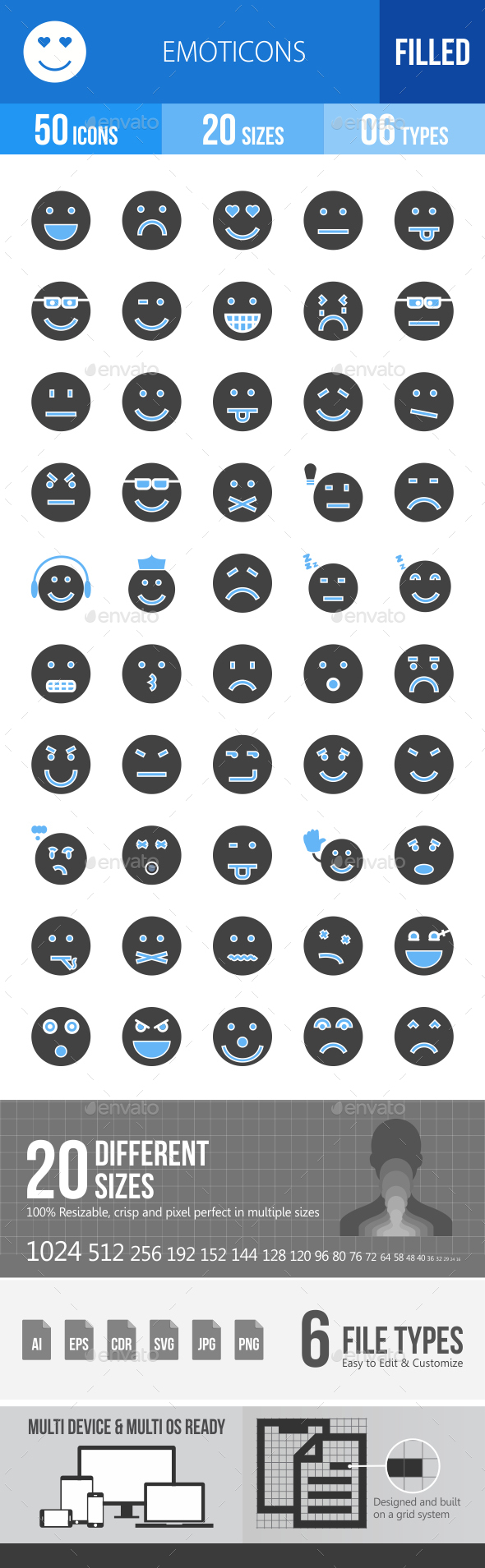 50 Emoticons Filled Blue & Black Icons - Icons