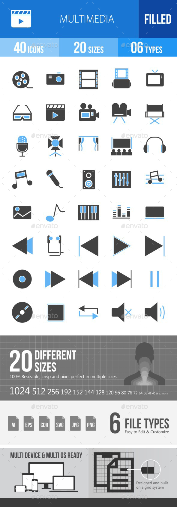 40 Multimedia Filled Blue & Black Icons - Icons