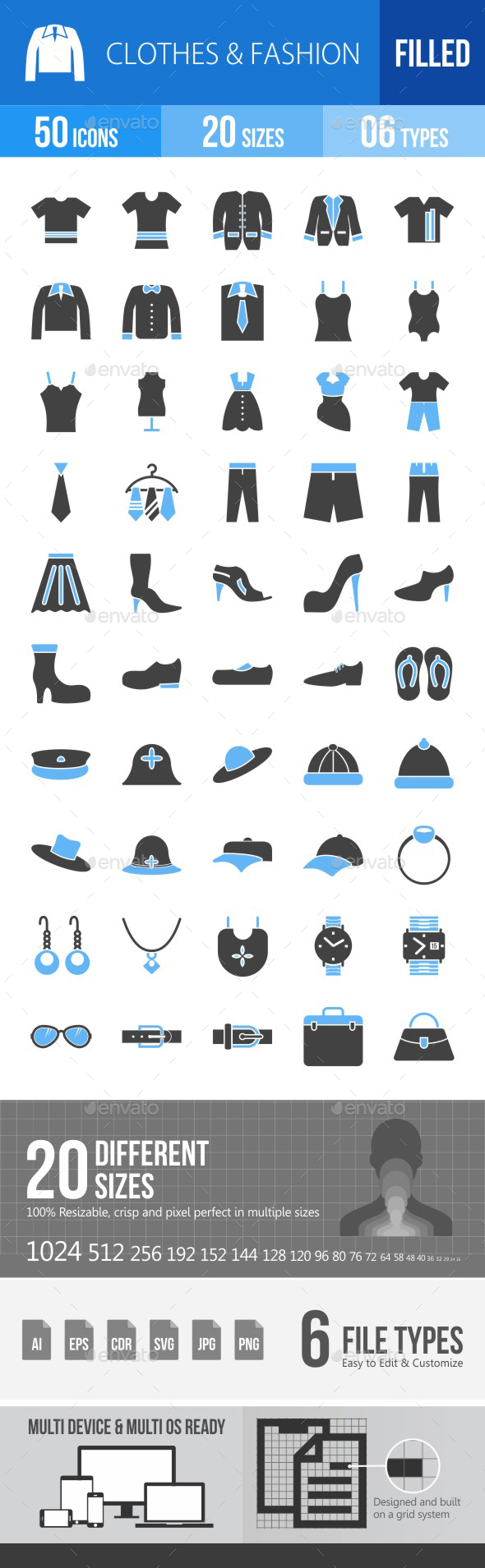 50 Clothes & Fashion Filed Blue & Black Icons - Icons