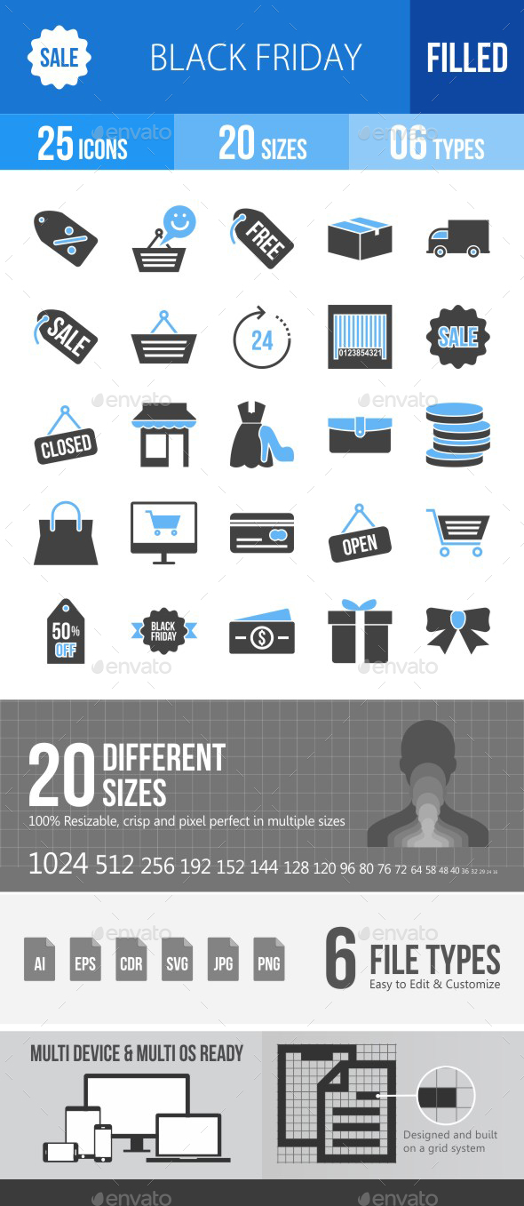 25 Black Friday Filled Blue & Balck Icons - Icons