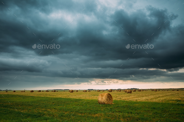 Dramatic Sky Before Rain With Rain Clouds On Horizon Above Rural Stock Photo by Grigory_bruev