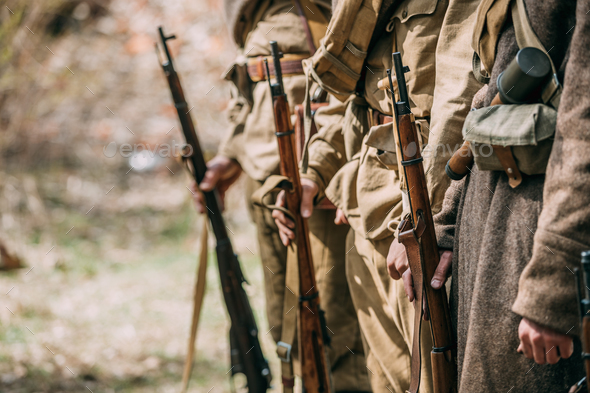 Close Up Of Re-enactors Dressed As Soviet Infantry Soldiers Of W - Stock Photo - Images