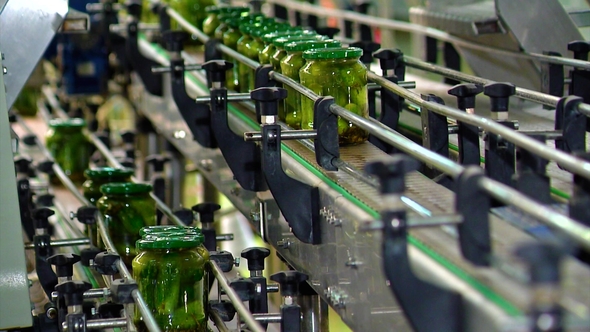 Canned Cucumbers. Glass Jars with Cucumbers and Spices on the Conveyor alt