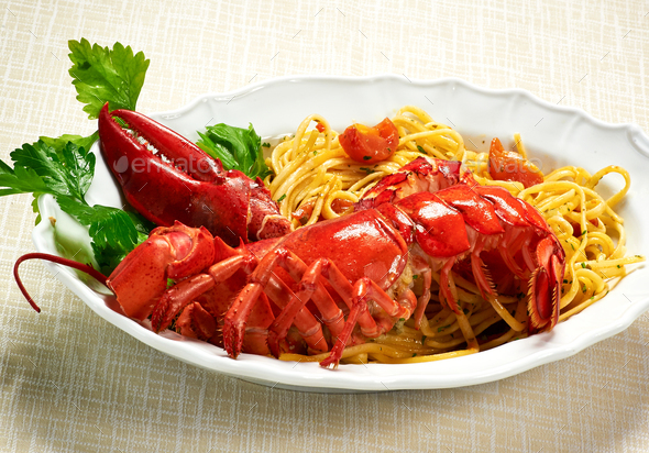 Plate of gourmet lobster linguine copia - Stock Photo - Images